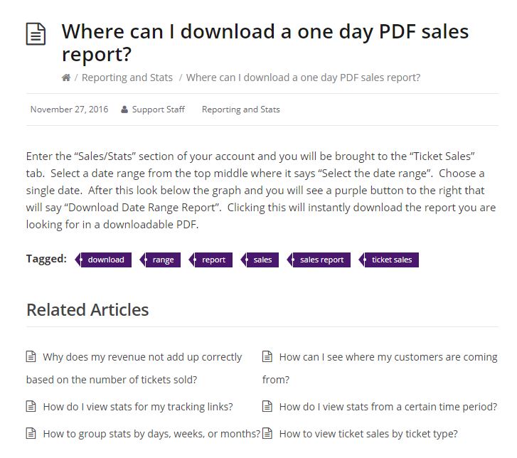 purplepass help center sample question and answer to where to download a PDF sales report