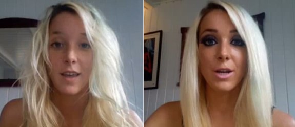 two photos of a woman from messy hair and no makeup to straight blonde hair with makeup