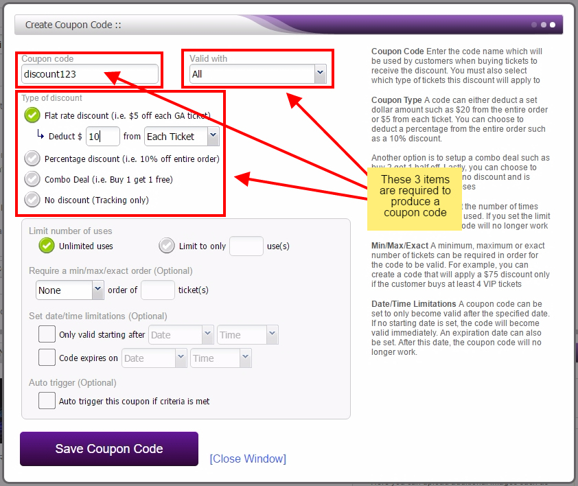 creating coupon code in the Purplepass account