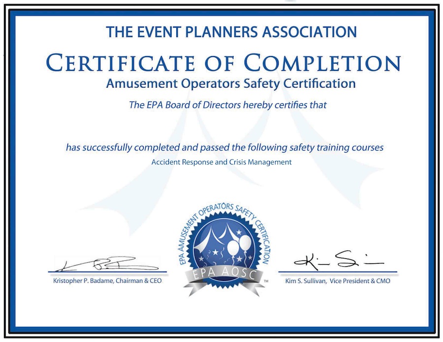 certificate of completion for safety training course issued by the event planners association