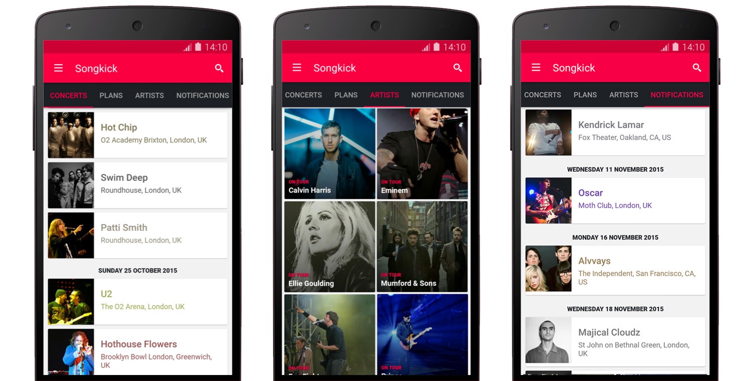 three mobile phones showing Songkick app on the screens