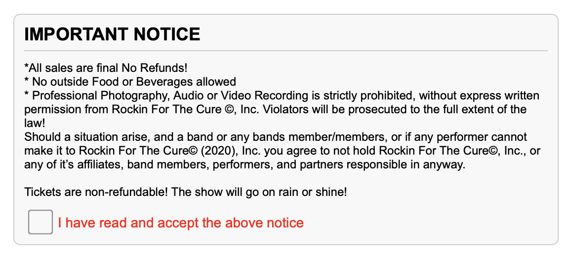 an example of important notice terms & conditions for events