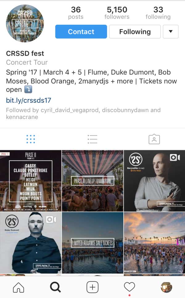 CRSSD fest club promotion on instagram