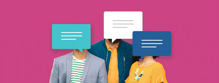 three people with faces covered with message icons and pink background