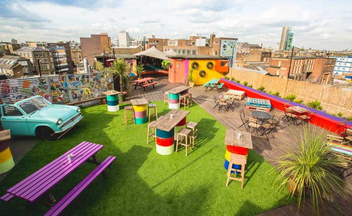 outdoor venue at the rooftop with proper arrangement of tables and chairs for social distancing