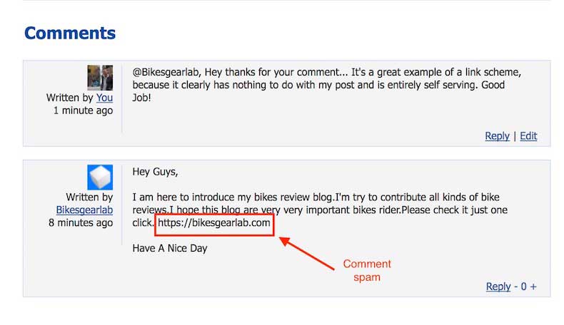 a comment example for has no-follow backlink with arrow sign