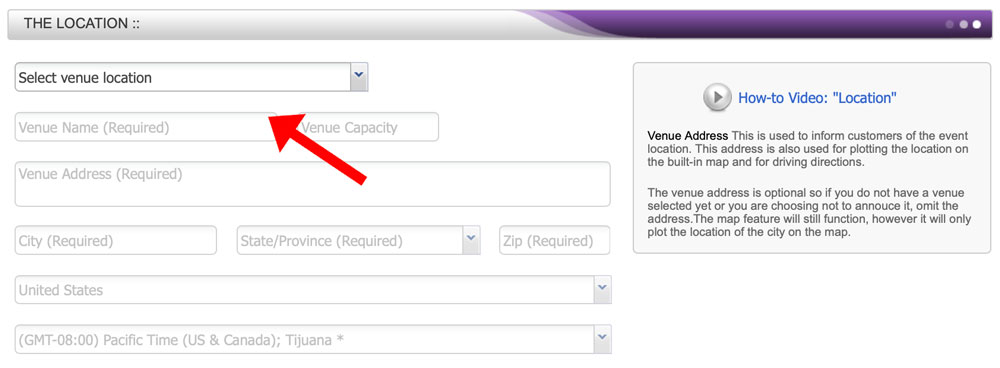 red arrow pointing to select venue location