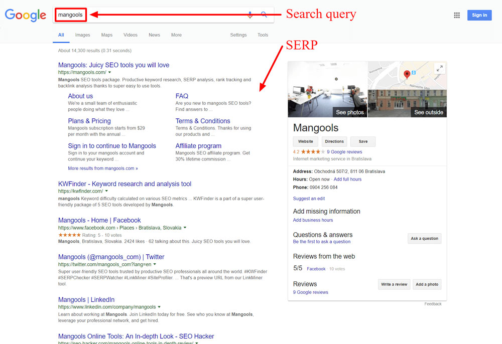 an arrow pointing to search query and SERP on Google
