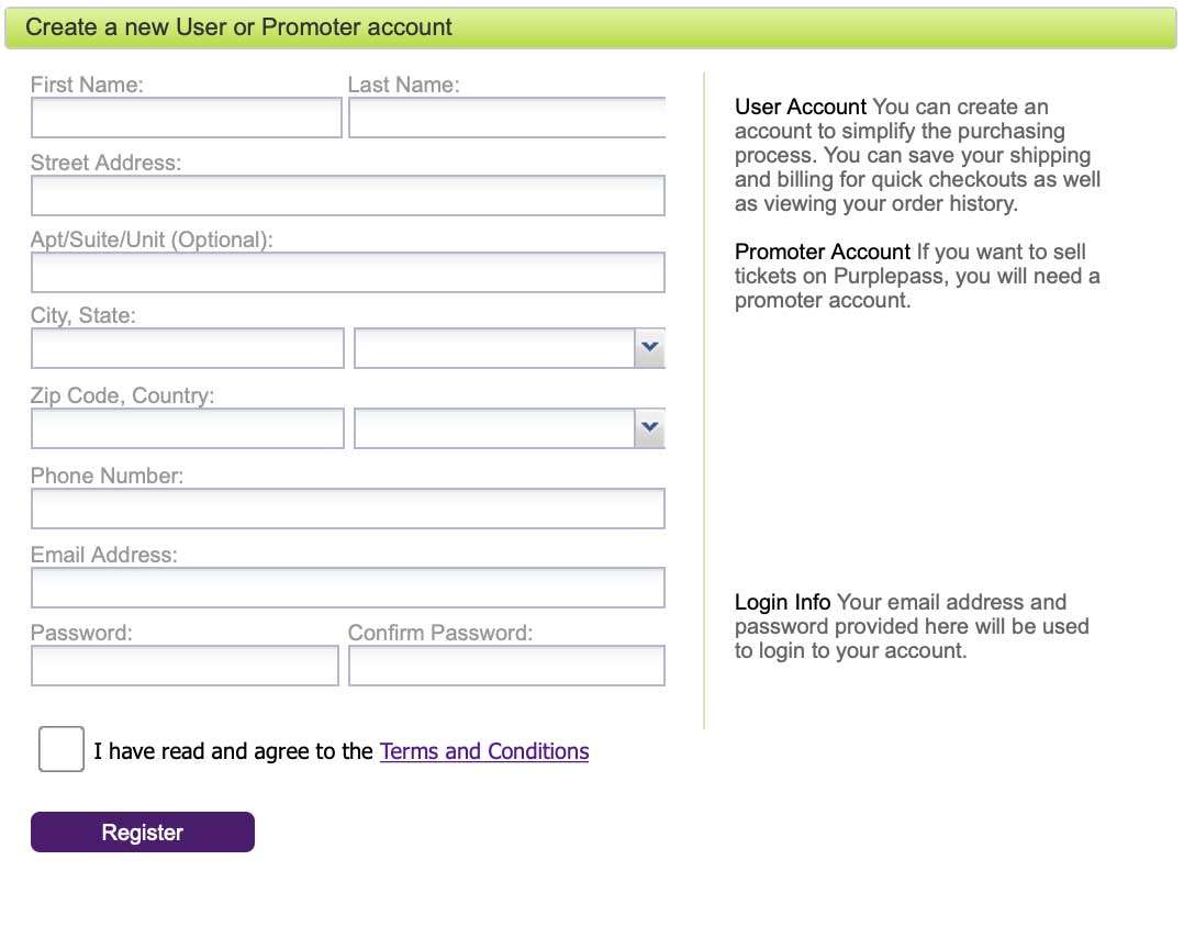 This is the form for creating an account via Purplepass.