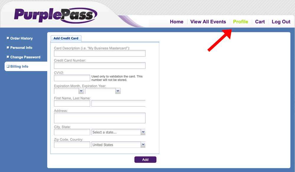 This shows the log in page for a Purplepass customer account holder.