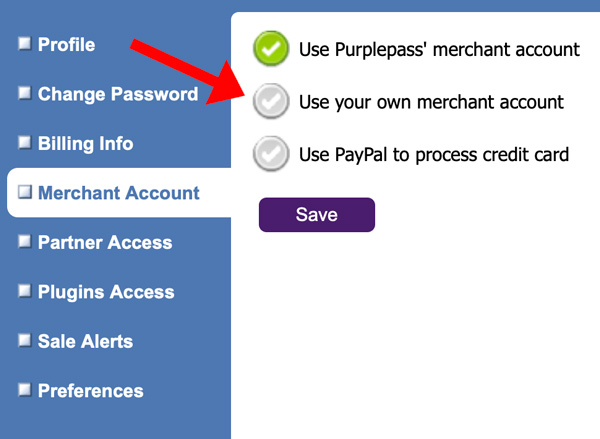 Selecting a merchant account in Purplepass to use
